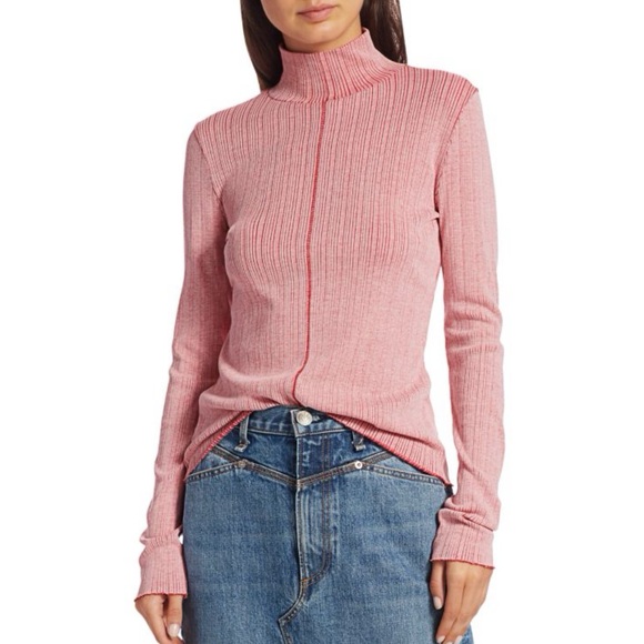 Rag & Bone Large Elina Pink/Red Ribbed Stretch Knit Turtleneck Top - Picture 1 of 6
